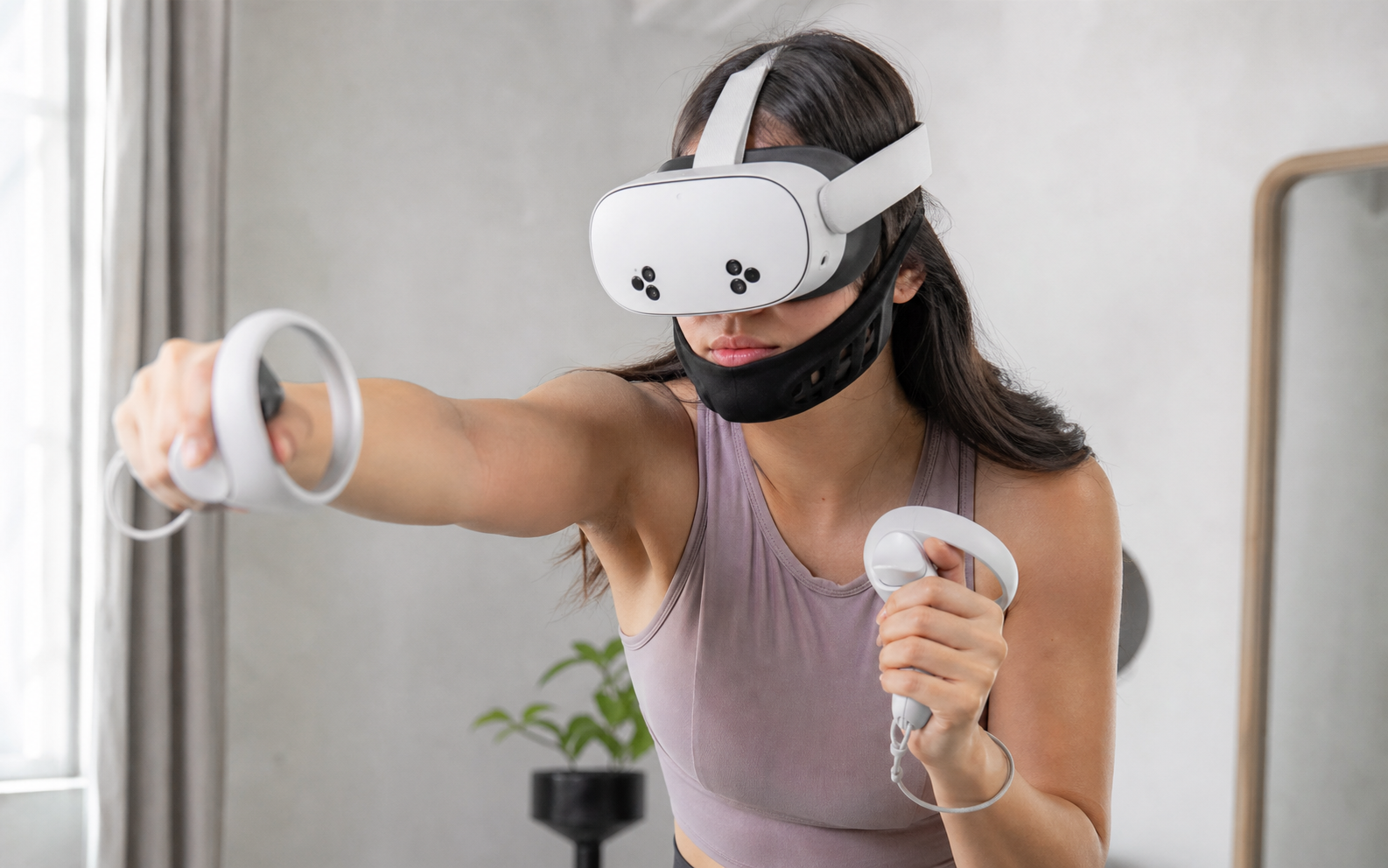 A Meta Quest 3S headset with visible makeup stains on the white facial interface.