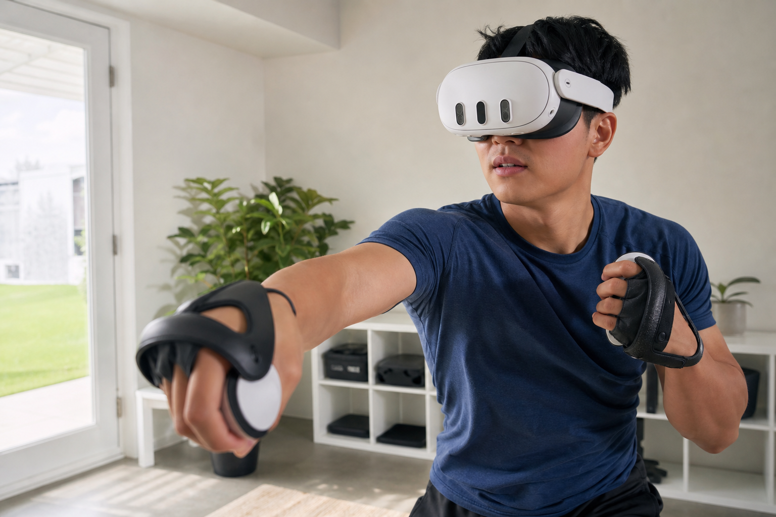 A VR gamer intensely focused on a boxing game while wearing a Quest 3S and a sweat mask.