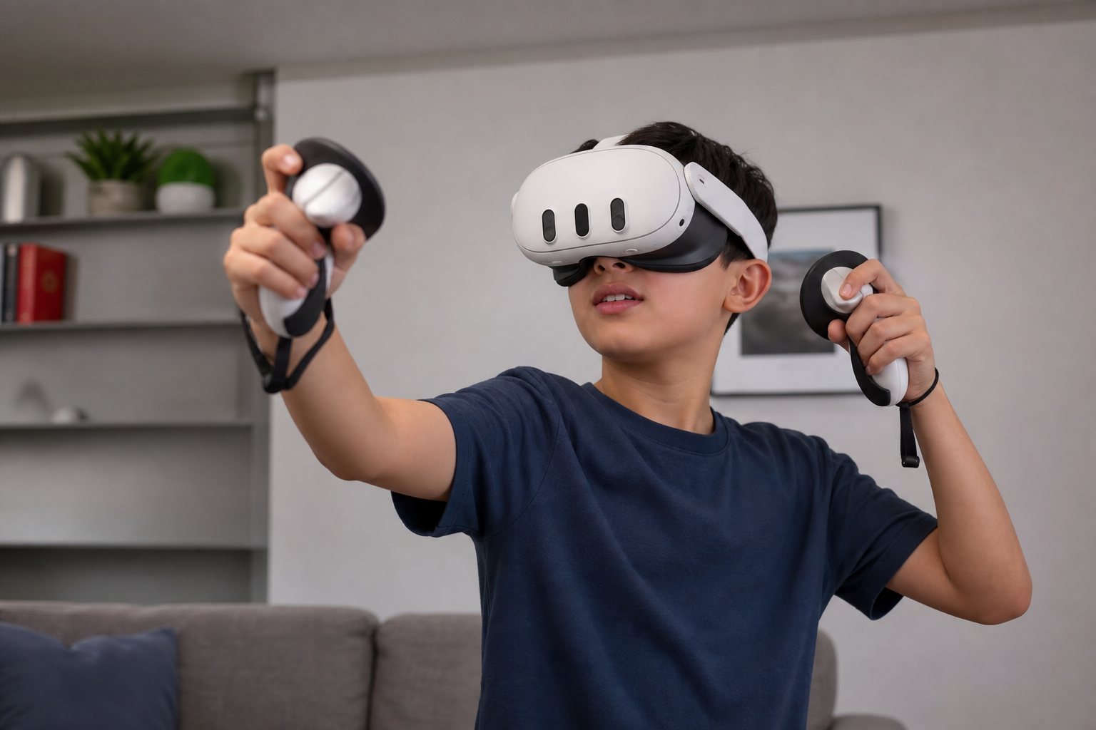 A child holding Quest 3 controllers with Beat Saber grips attached, ready to play.