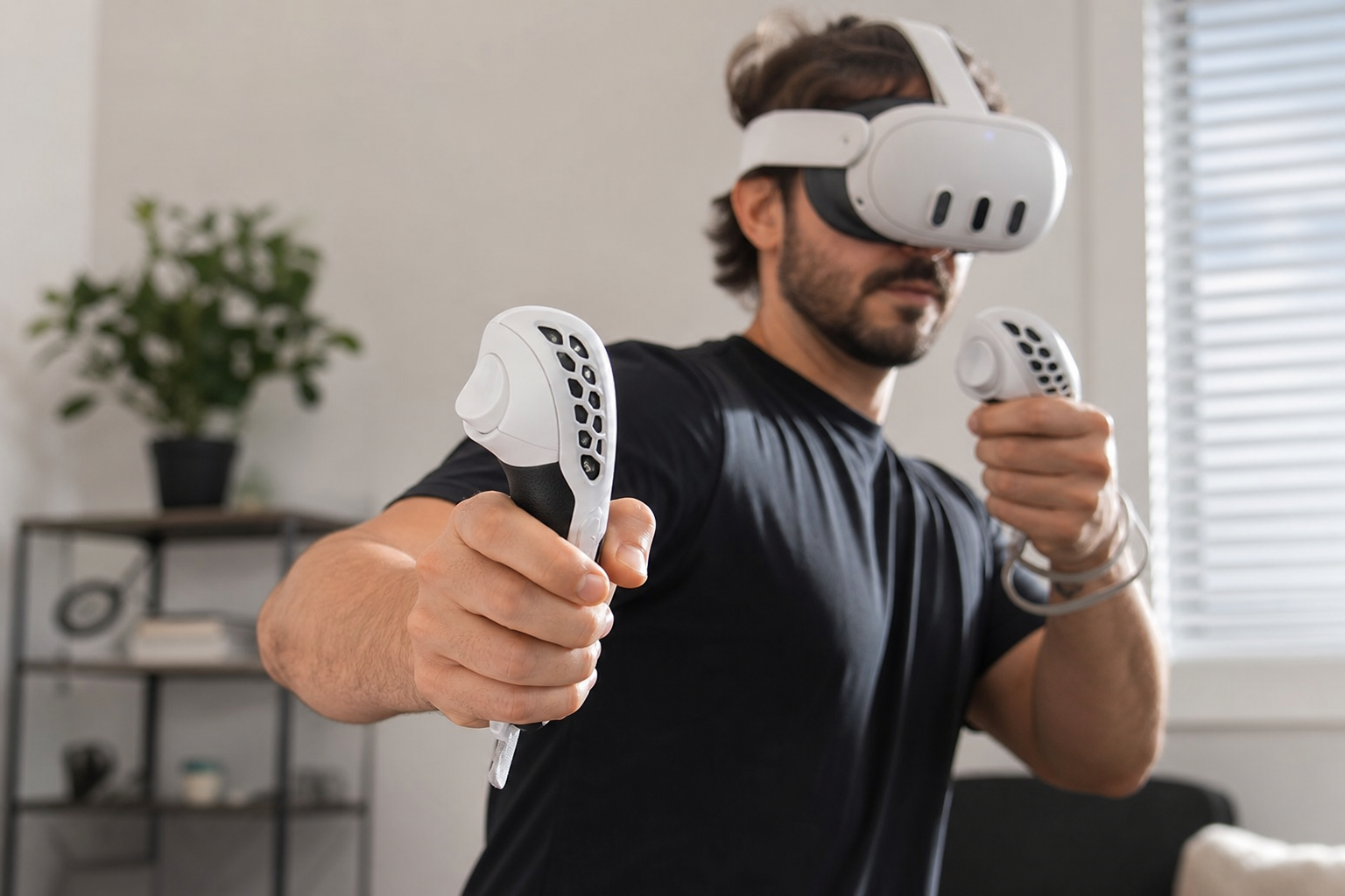 A side-by-side comparison of hand position on a Quest 3 controller with and without a Beat Saber grip.