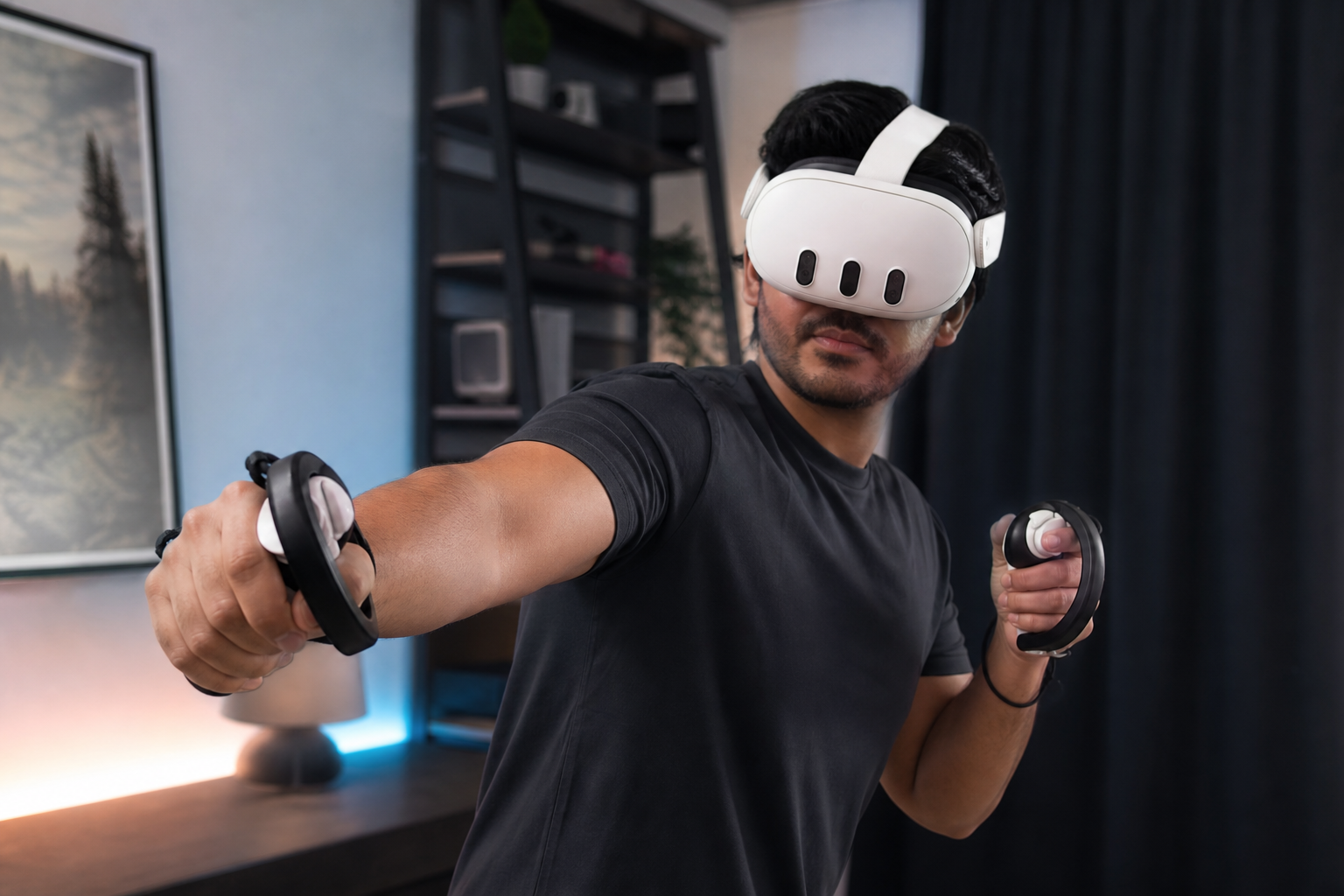 A young girl actively playing Beat Saber with Quest 3 controllers equipped with grip extensions.