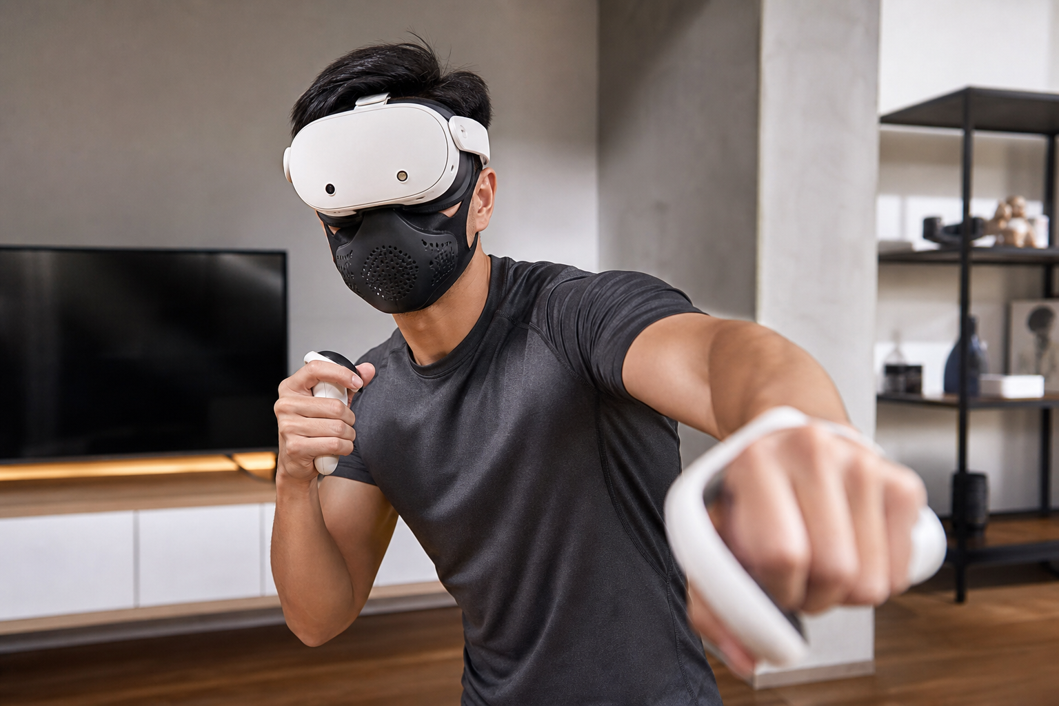 A VR sweat mask placed next to a Meta Quest headset before a gaming session.