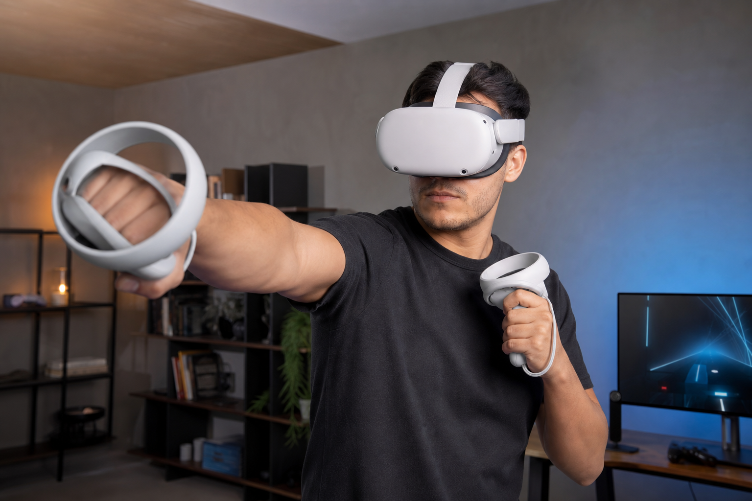 A first-person view of playing a VR boxing game with controllers visible.