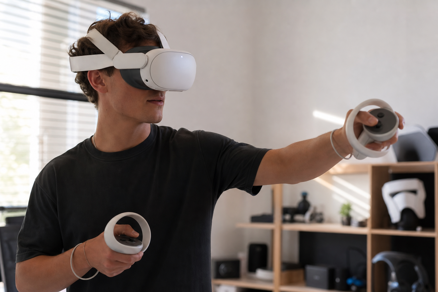 A player looking relaxed while using a VR gunstock in a game