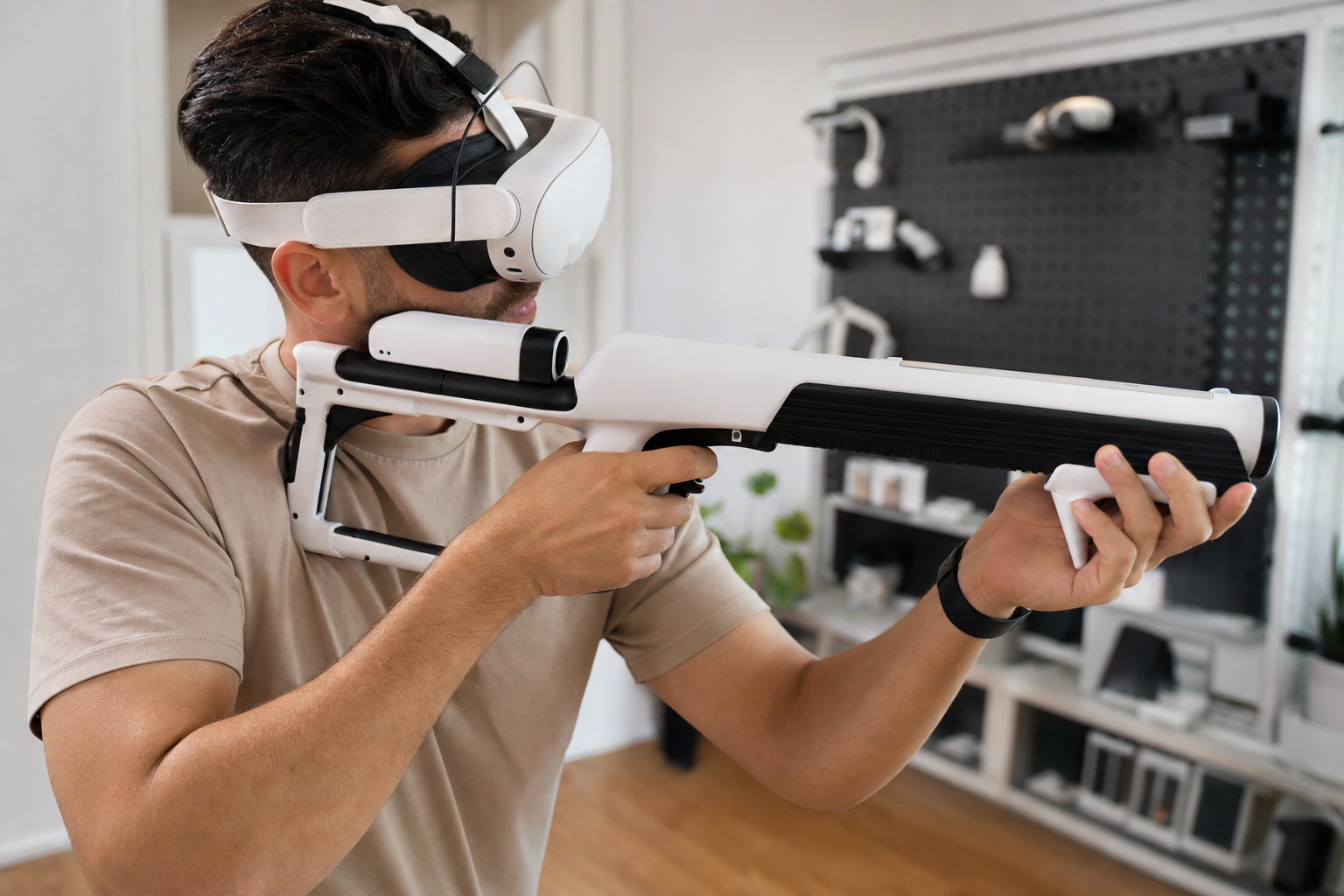 A person holding a VR controller close to their headset to check for clearance
