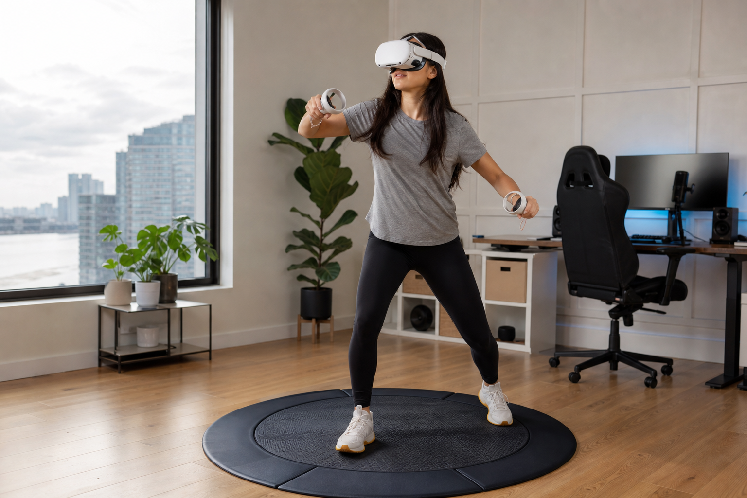 A VR mat for Beat Saber laid out on a hardwood floor next to a Meta Quest 3 headset.