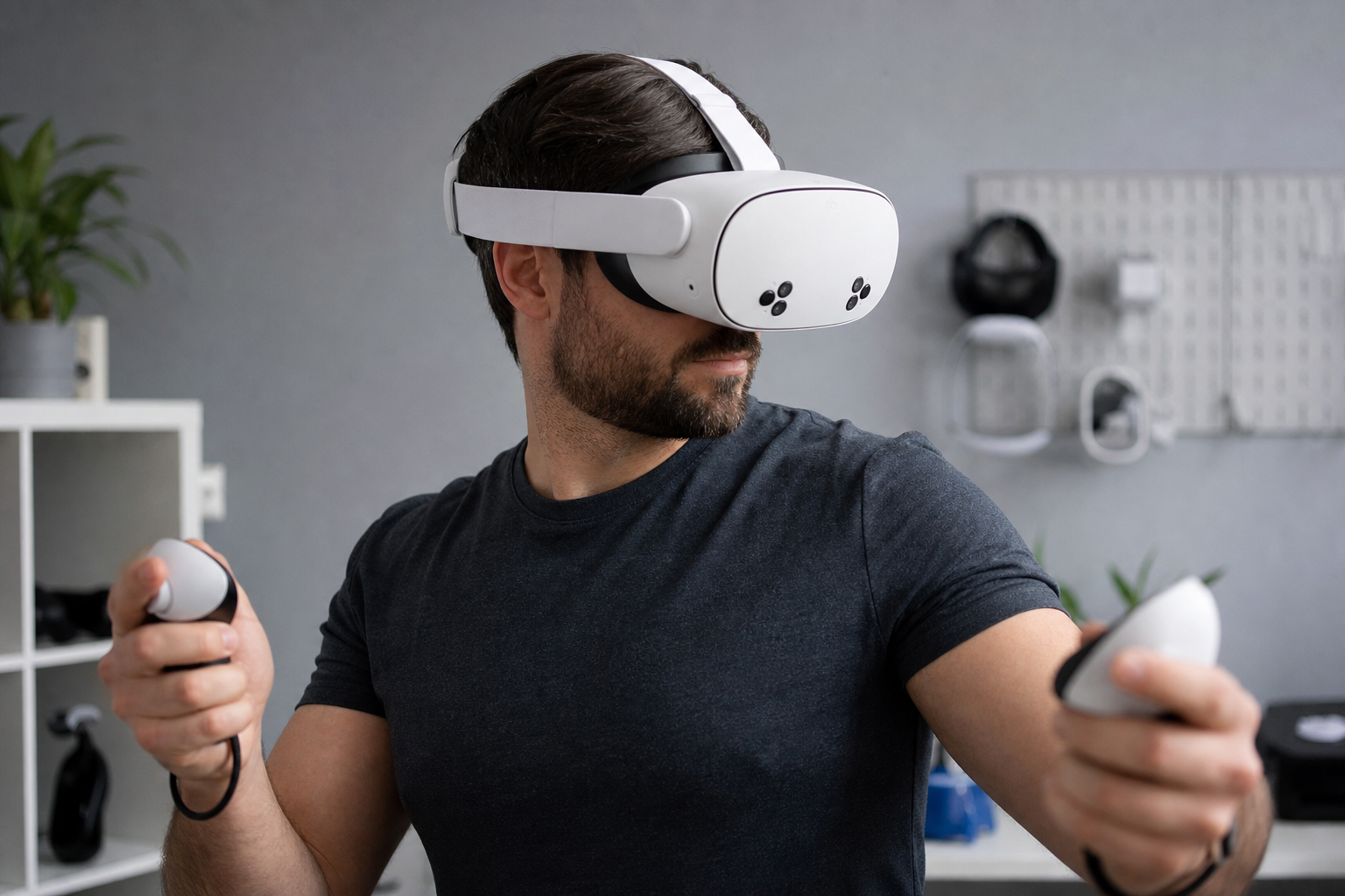 A Beat Saber player in the middle of a song on a VR mat, showing the dynamic movement that tests the mat's stability.