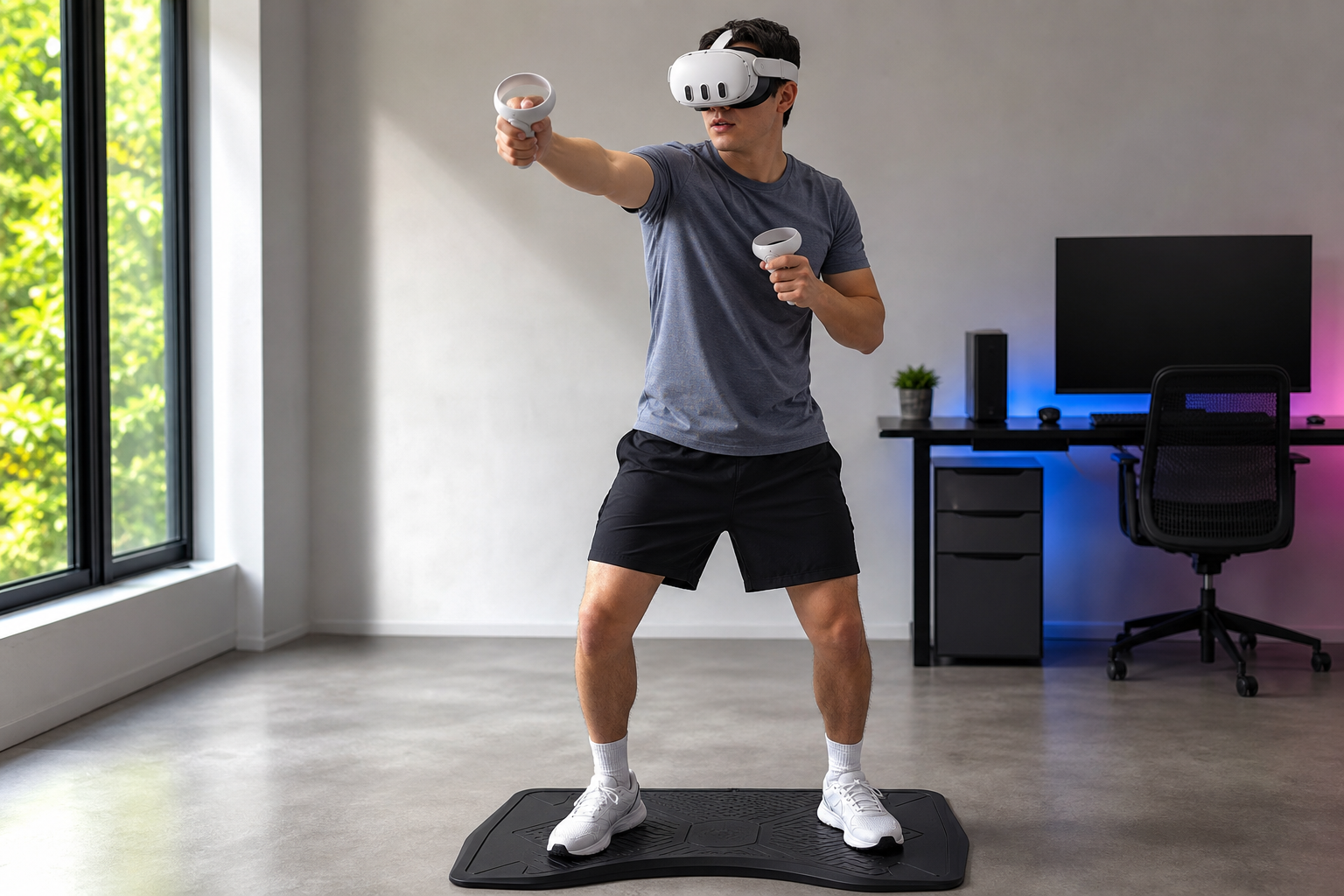 A split-screen image showing a person comfortably playing VR on a mat on one side, and a competitive Beat Saber high-score screen on the other.