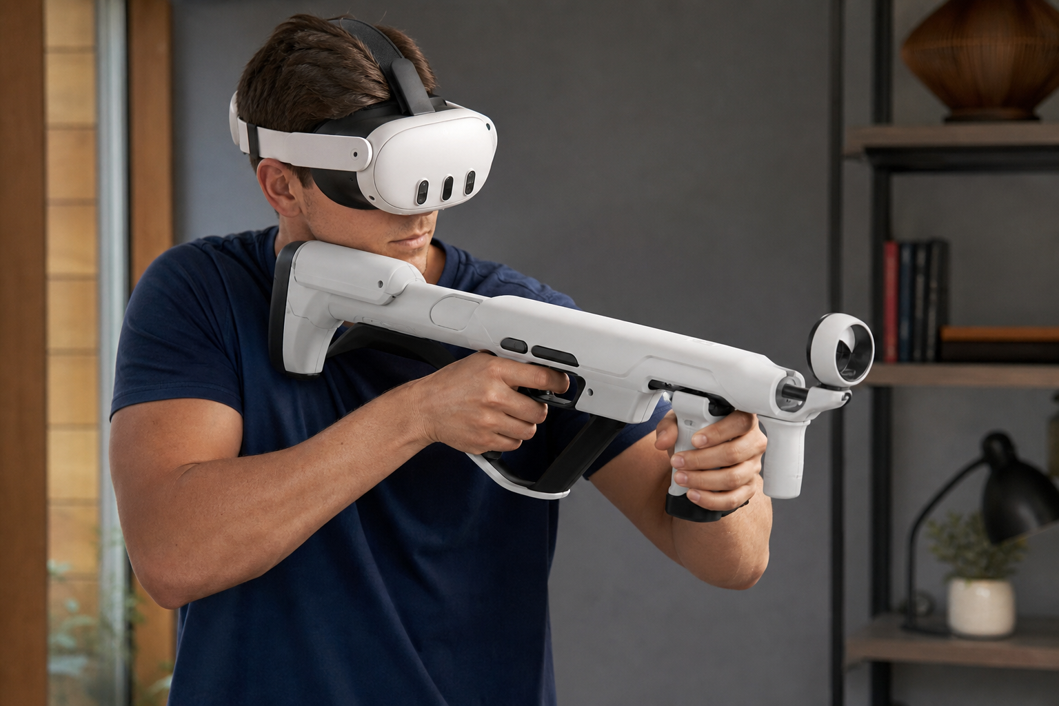 A VR gunstock holding Meta Quest 2 controllers, set up for a Breachers session.