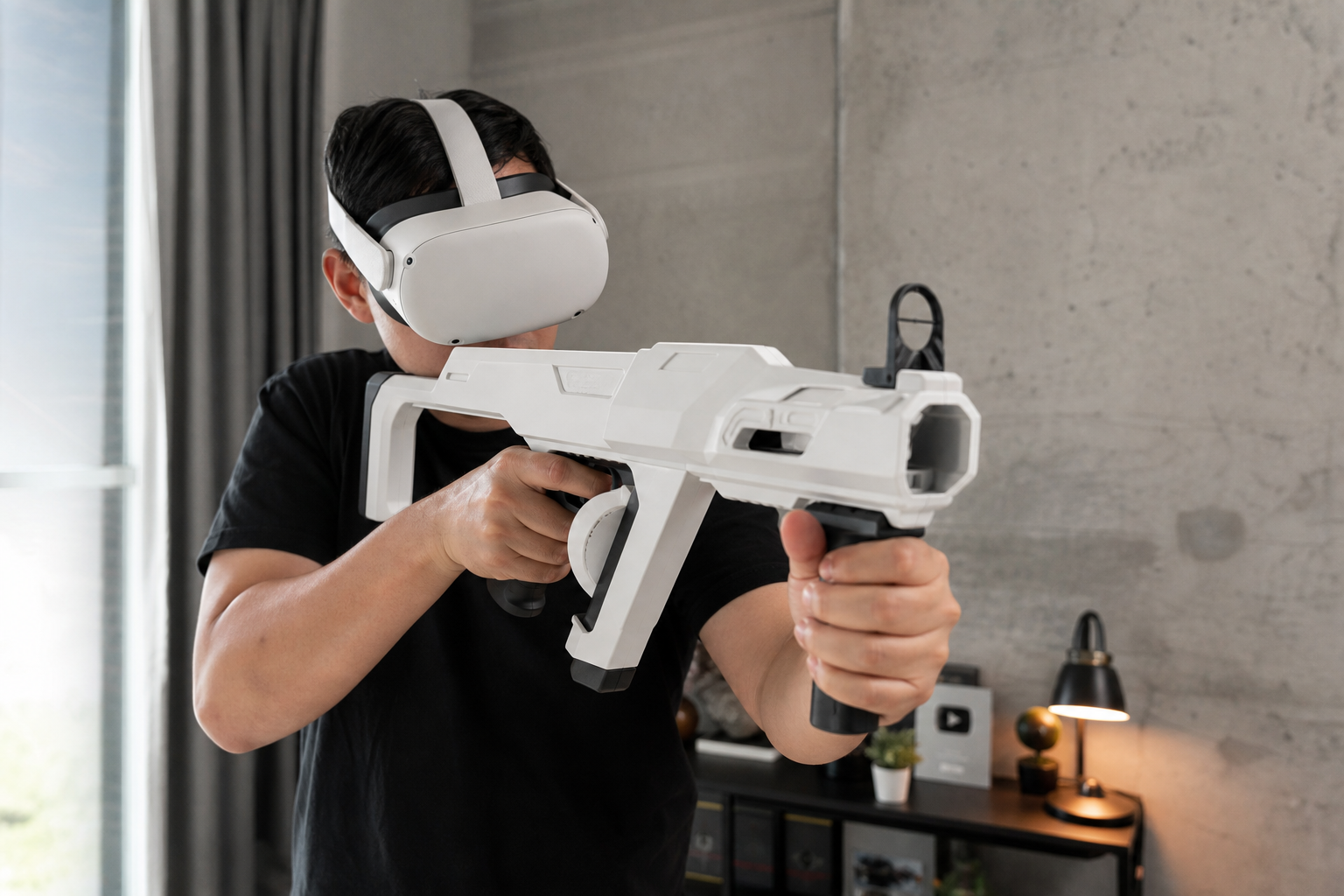 A close-up view of the magnetic mounts on a VR gunstock where the Quest 2 controllers attach.