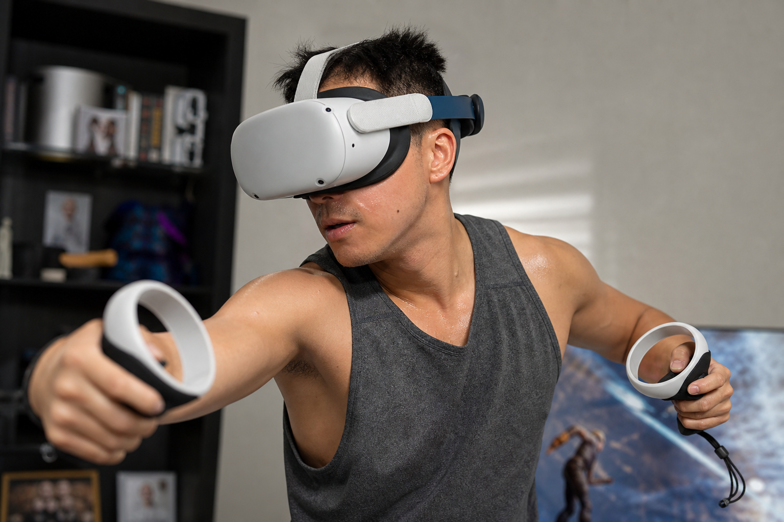 A first-person view of a player's hands gripping a VR gunstock during an intense Breachers match.