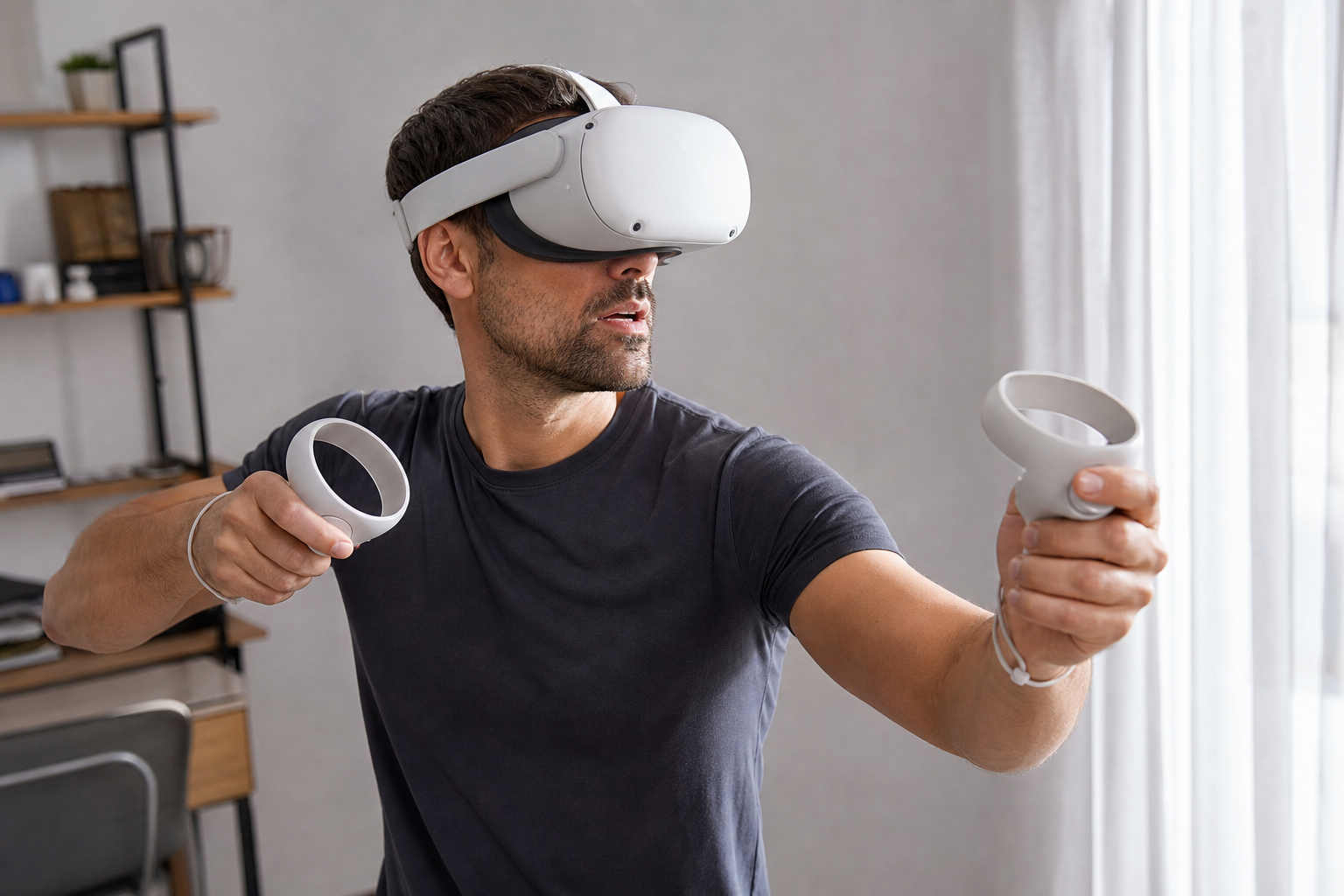A split image showing a casual VR player relaxed and a competitive VR player leaning forward intensely.