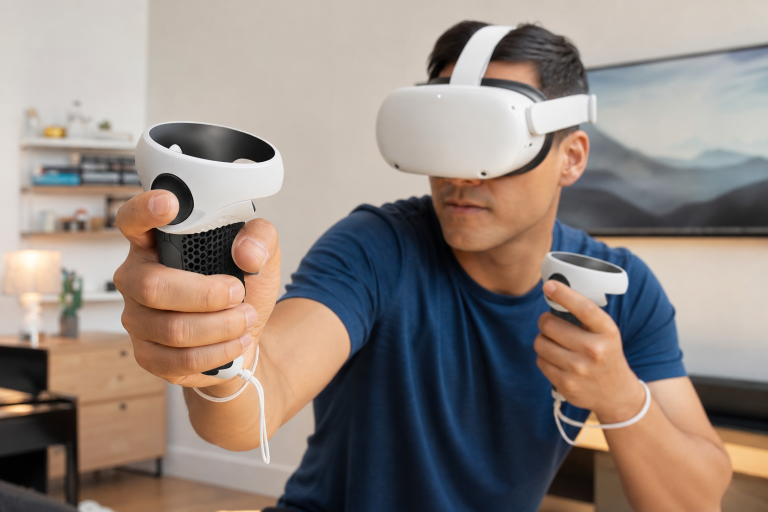 A pair of Meta Quest 3S controllers with X-super Home VR grips installed, shown from a first-person perspective.