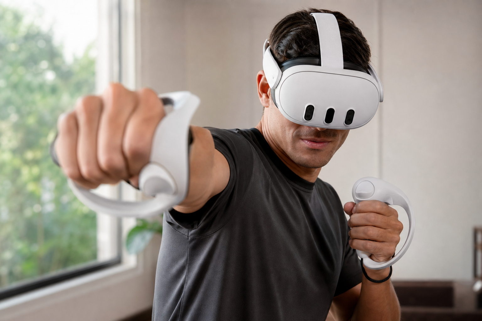A lineup showing the X-super Home grip, a basic wrist strap, and a bare Quest 3S controller for comparison.