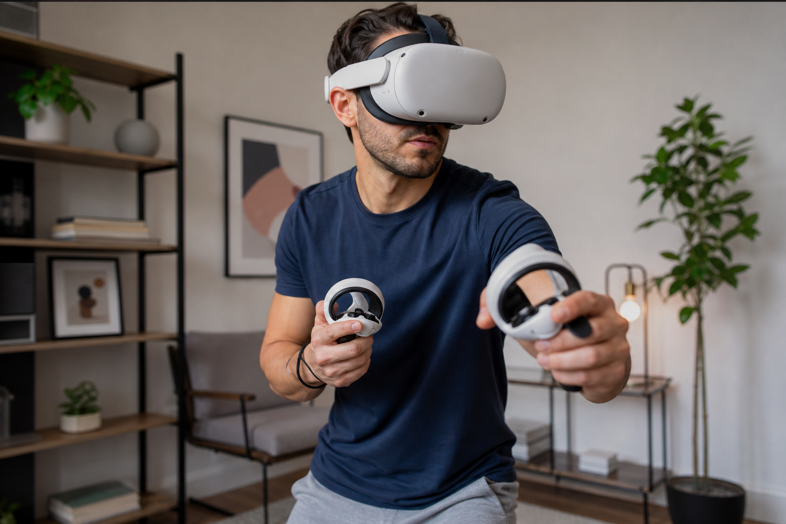 A player holding a VR controller with a sword accessory, showing slight wrist fatigue