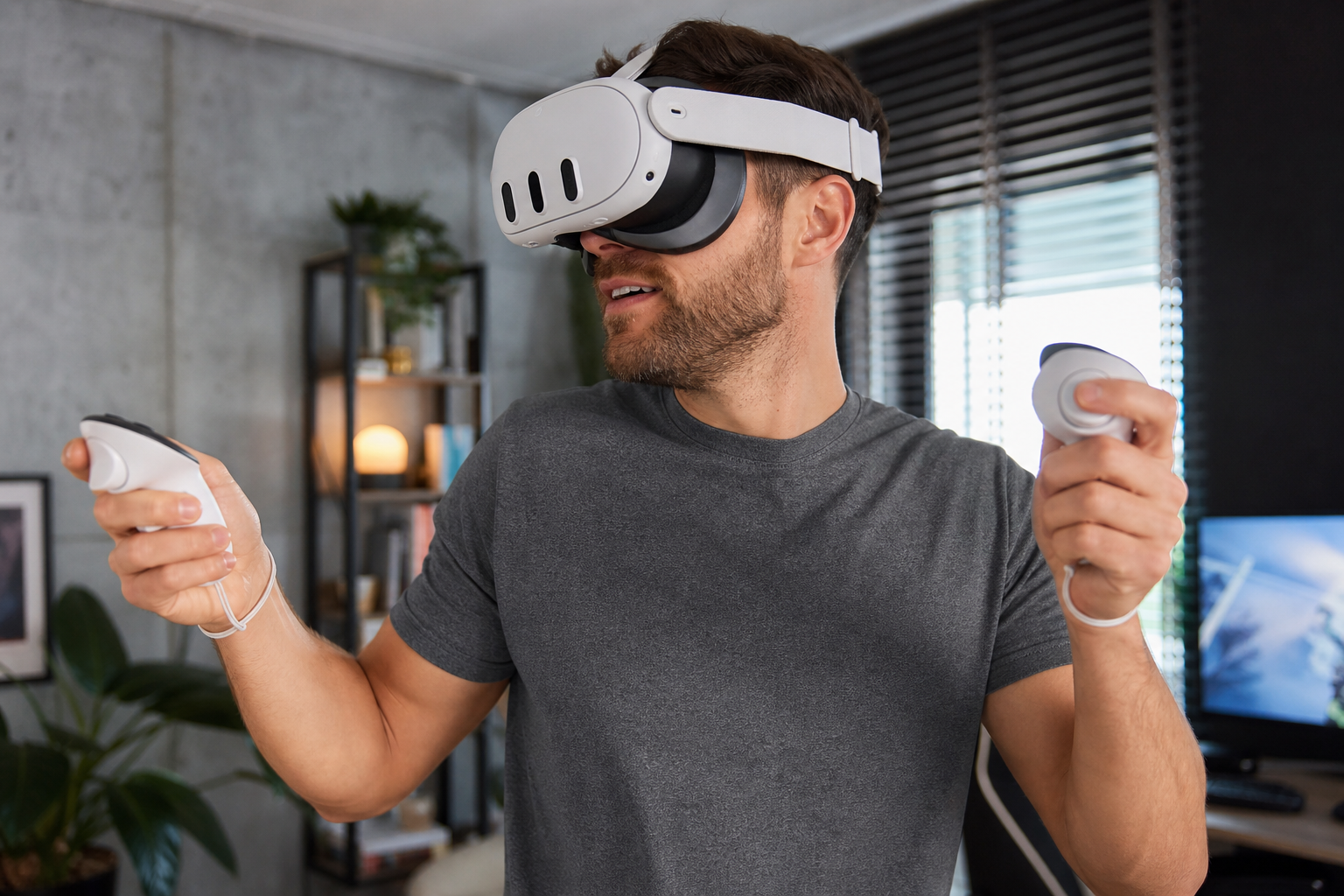 A user wearing a Quest 3 with an open interface during a high-movement VR game