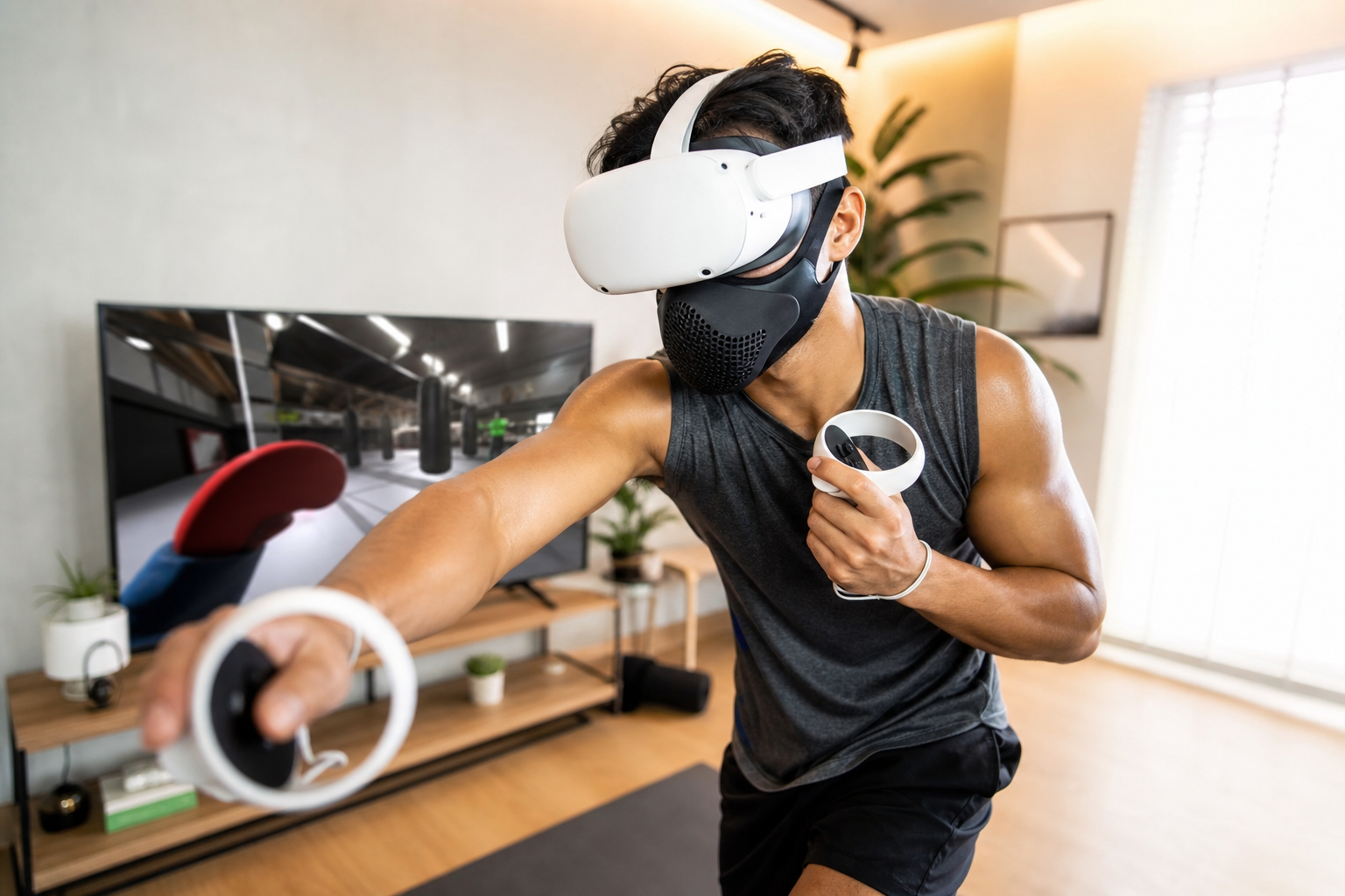 A VR user wearing a Quest Pro headset and a VR sweat mask, ready to start a FitXR workout.