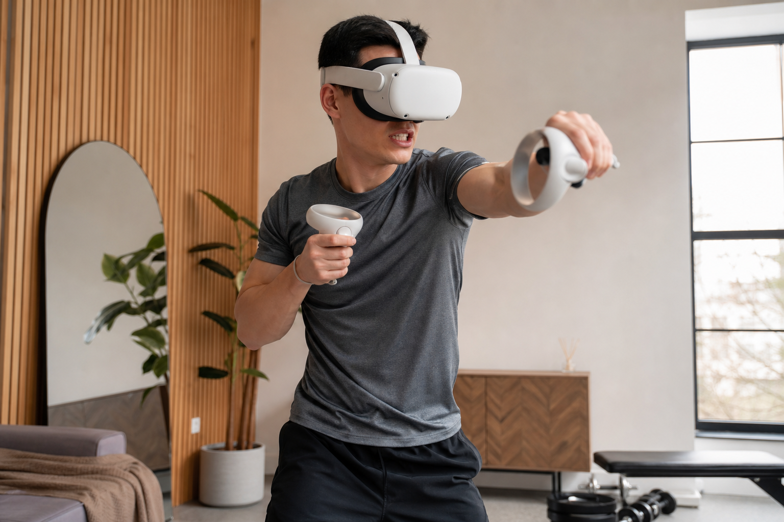 A user in the middle of a FitXR boxing combo, showing the intensity of movement required.