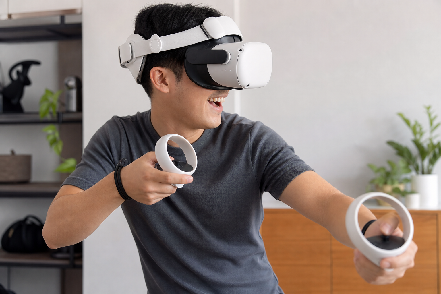 A collection of different VR sweat solutions: a dedicated VR mask, a cheap generic mask, a workout headband, and nothing.
