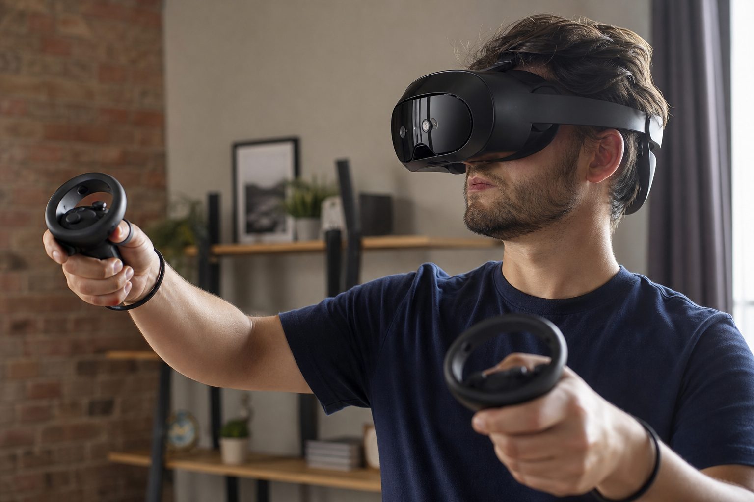 A user looking frustrated while adjusting a slipping VR sweat mask during a game.