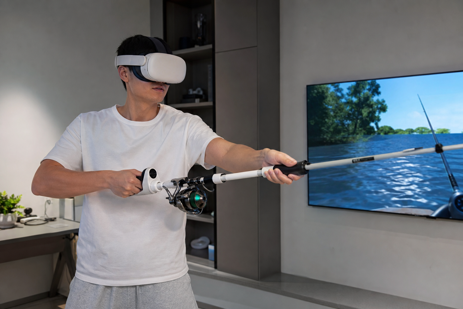 A close-up of a left hand holding the VR fishing rod, showing the new wrist angle during play.