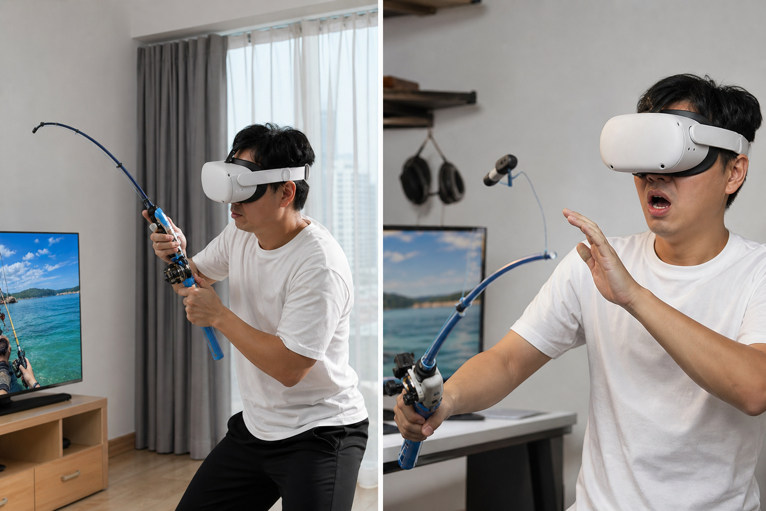 An intense moment of reeling in a fish with the VR rod contrasted with the frustration of accessing a menu button.