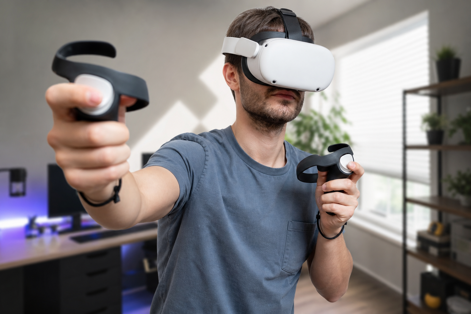 A person thoughtfully holding the VR fishing rod, evaluating its comfort and feel.