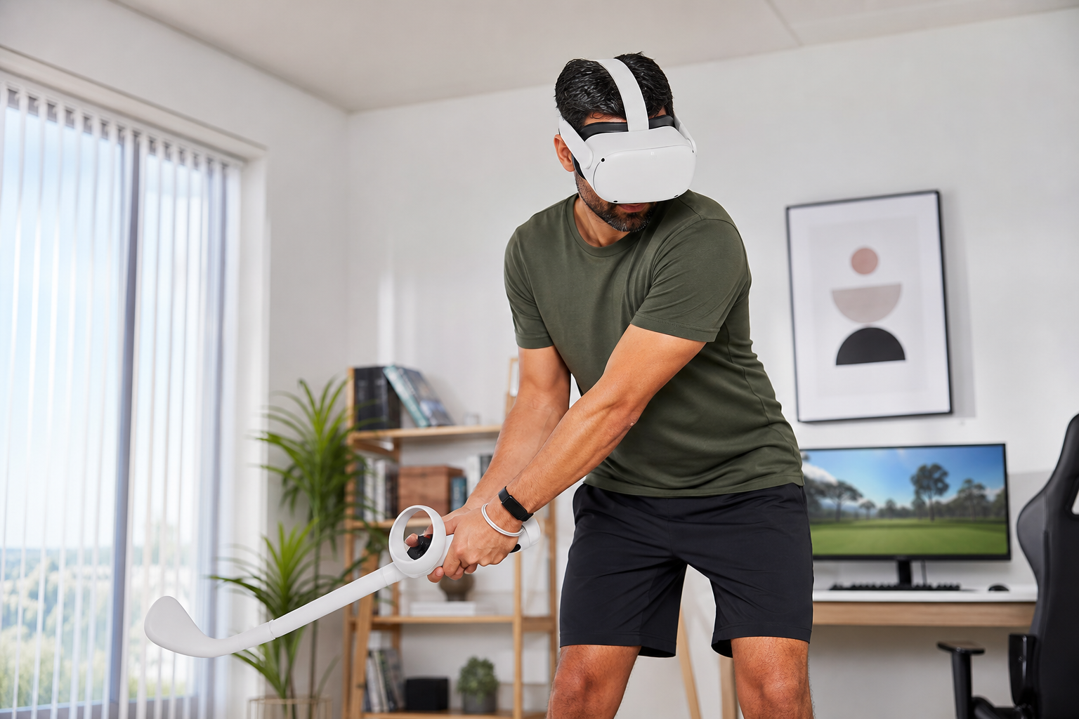 A VR golf club attachment for the Meta Quest 2 controller, ready for play.