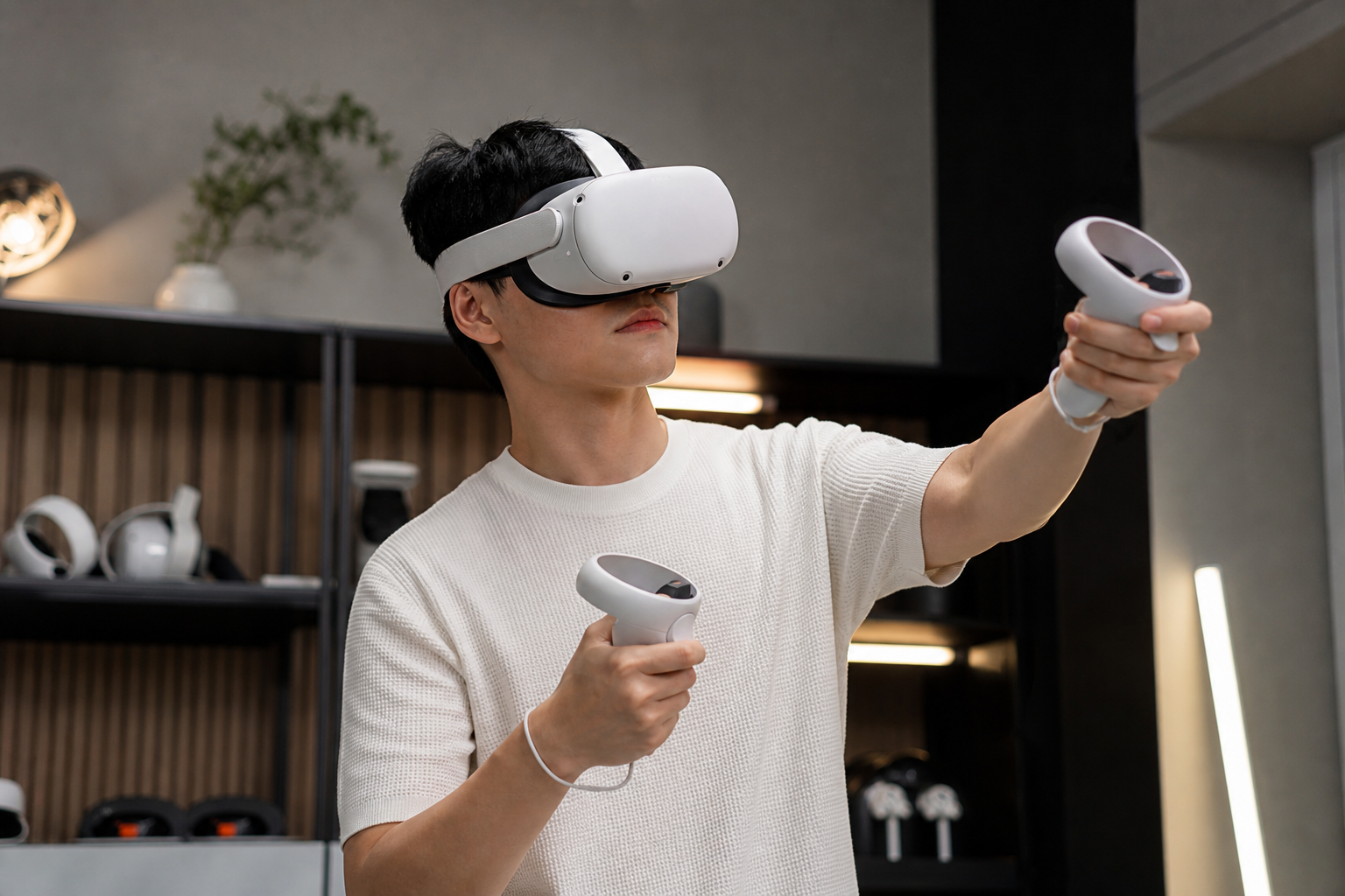 A person gripping the VR golf club attachment, demonstrating a firm hold for a full-power shot.