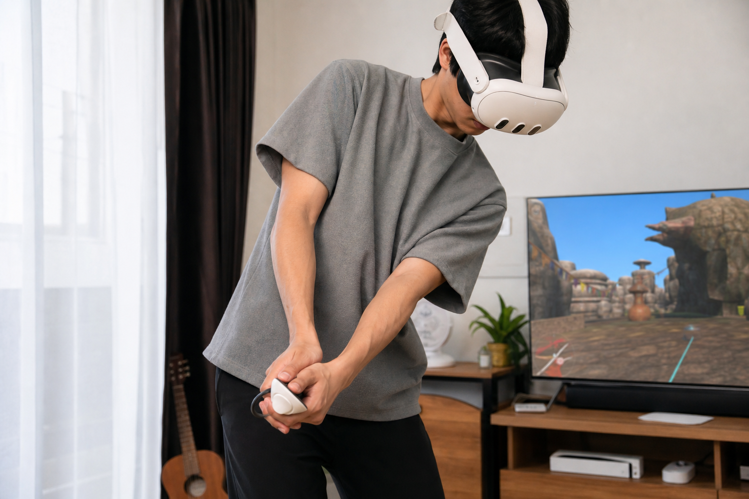 A player's view in VR, lining up a putt on a green with the club visible.