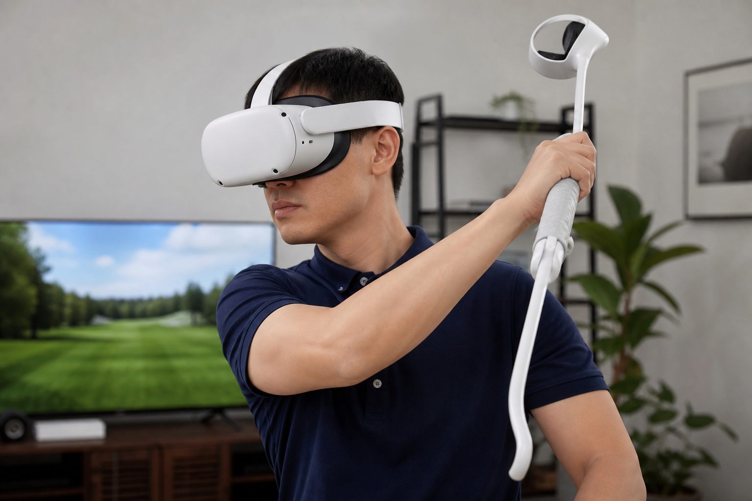 The VR golf club attachment placed neatly beside a Meta Quest 2 headset on a table.