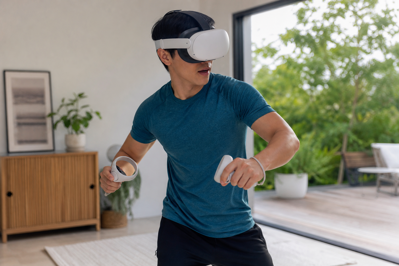 Close-up of a user wiping sweat from a silicone head strap after a Beat Saber session
