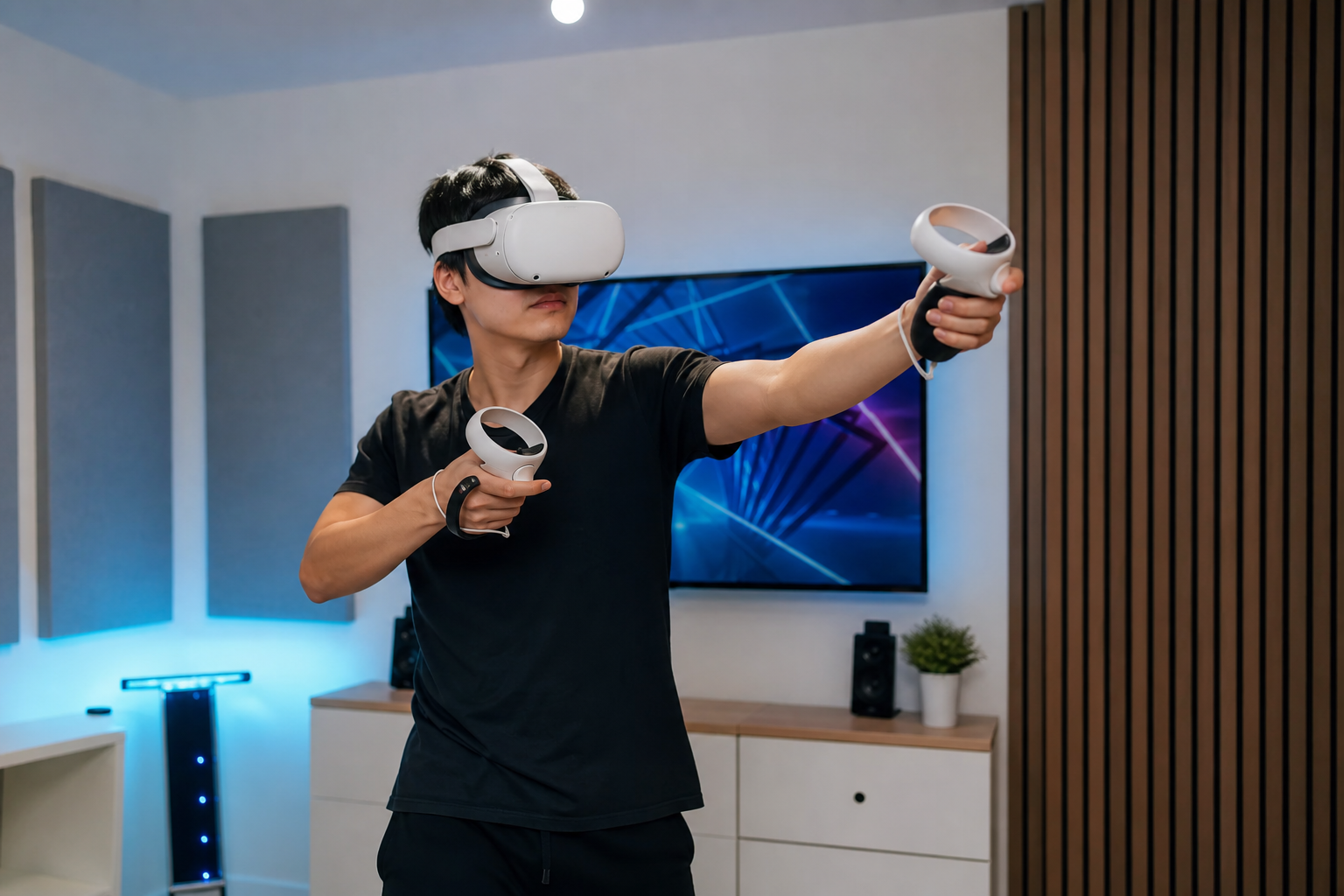 Quest Touch Plus Controller with a stability clip attached, held in hand during Beat Saber