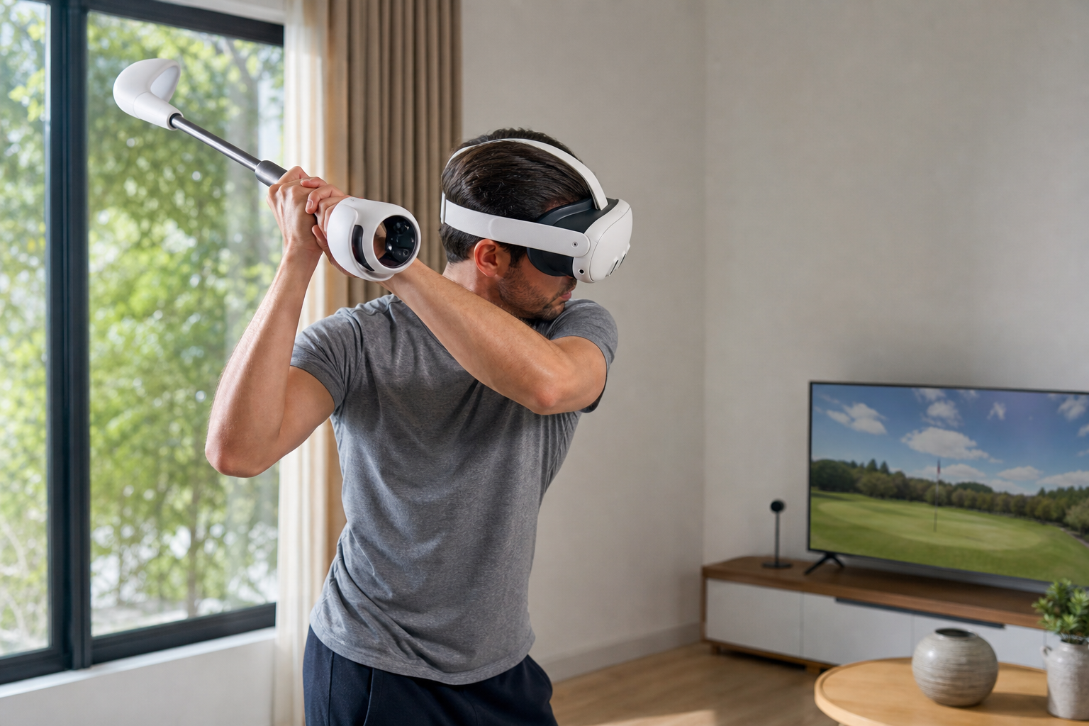 A left-handed player using a VR golf club attachment with a Meta Quest 2 controller