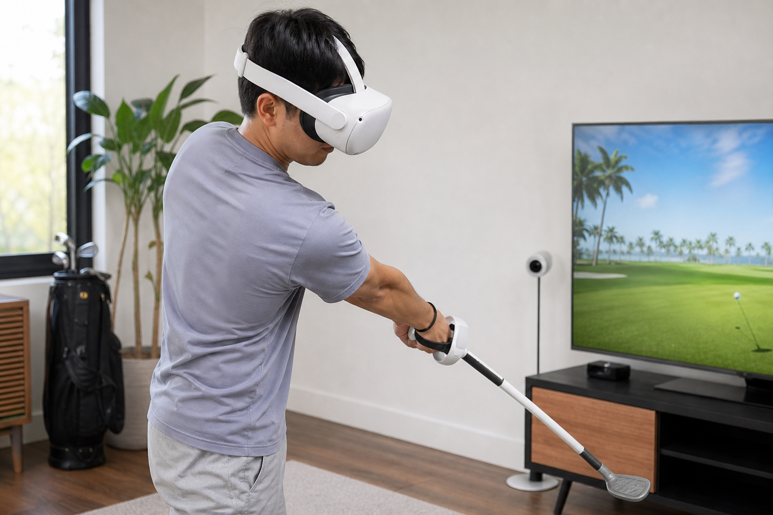 A diagram showing the large swing radius needed for a VR golf club attachment in a small room