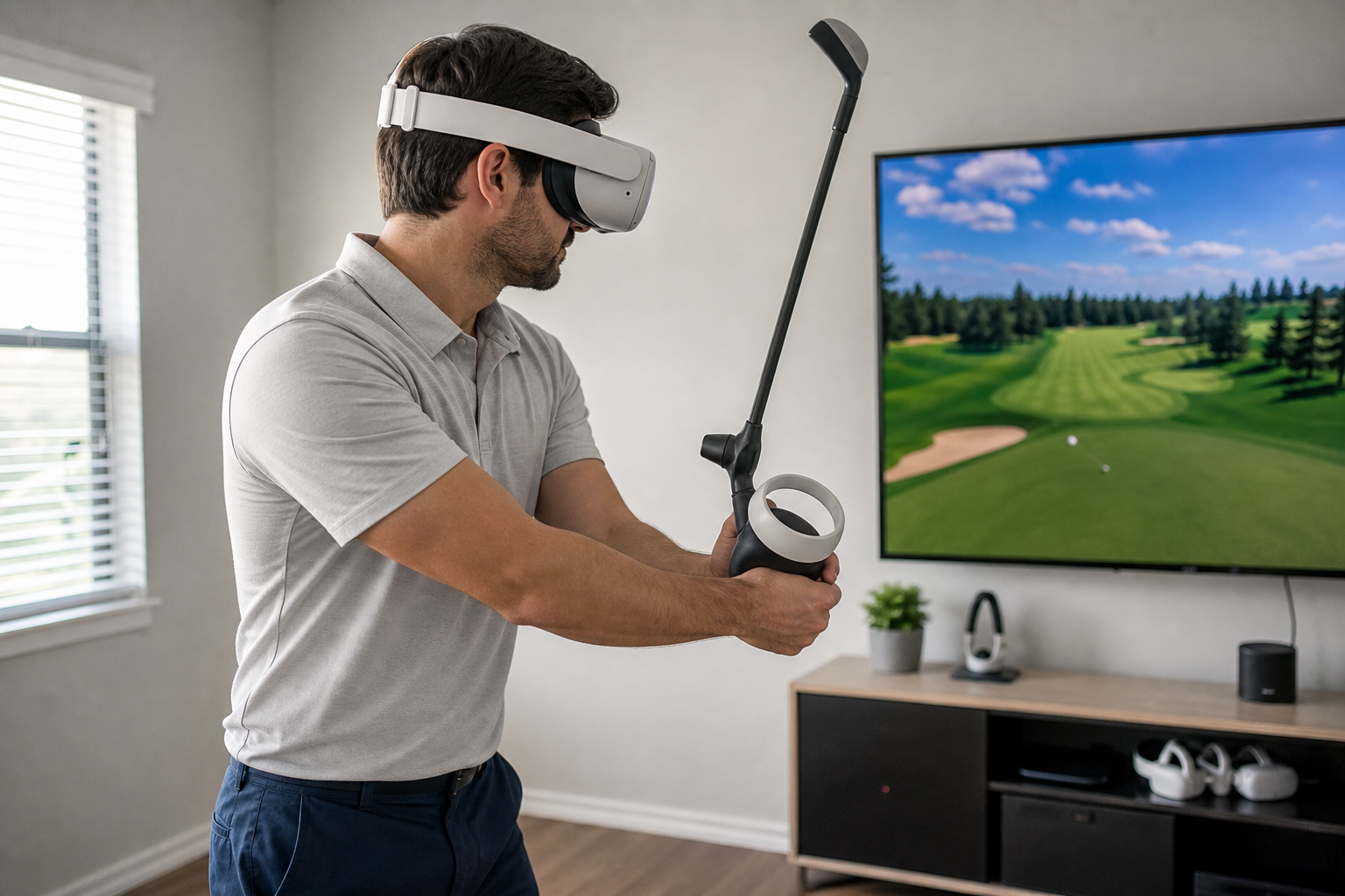 A simple verdict chart showing the VR golf club attachment as a 'Maybe' or 'Skip' for left-handed players