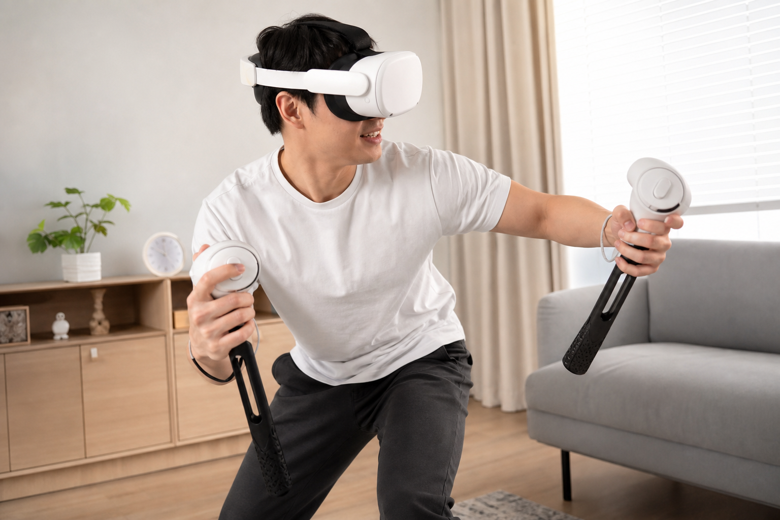 A player's first-person view in Gorilla Tag, reaching for a branch with long arm controller extenders.