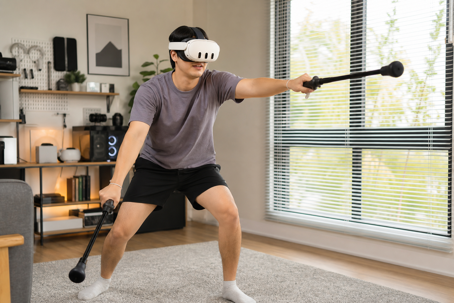 A player looking at their wrists, showing signs of fatigue after a long VR session with controller extenders.