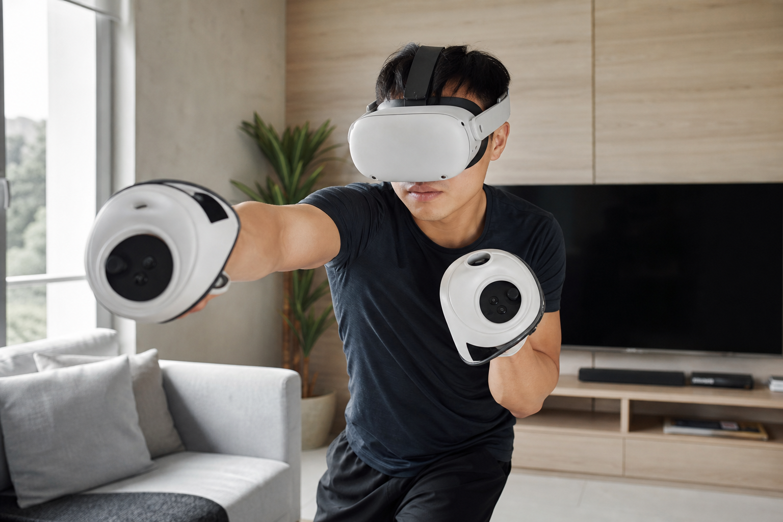 VR boxing gloves attached to Meta Quest 2 controllers for a PowerBeatsVR session.