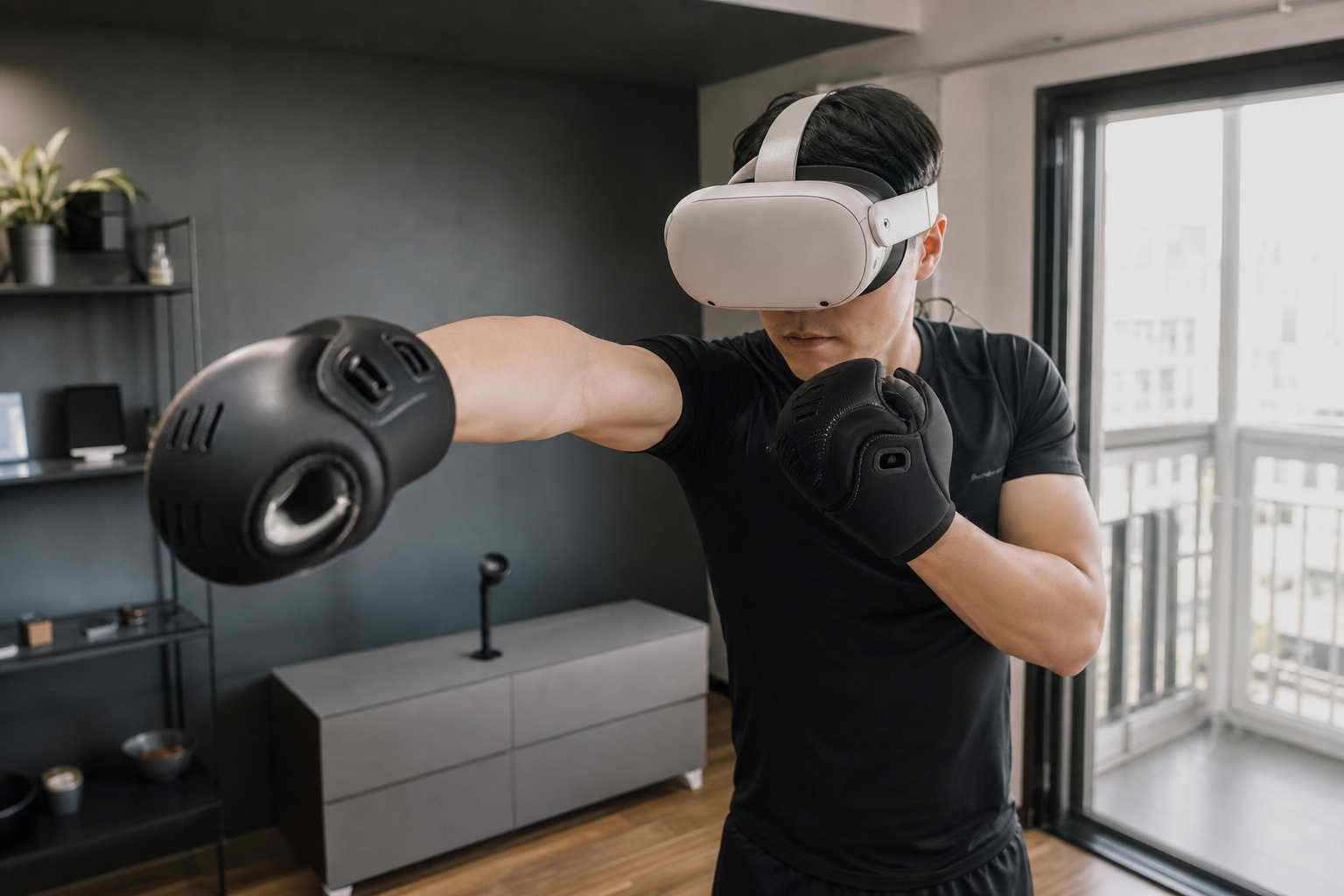 A player's hands wearing VR boxing gloves, looking tired after the first round of PowerBeatsVR.