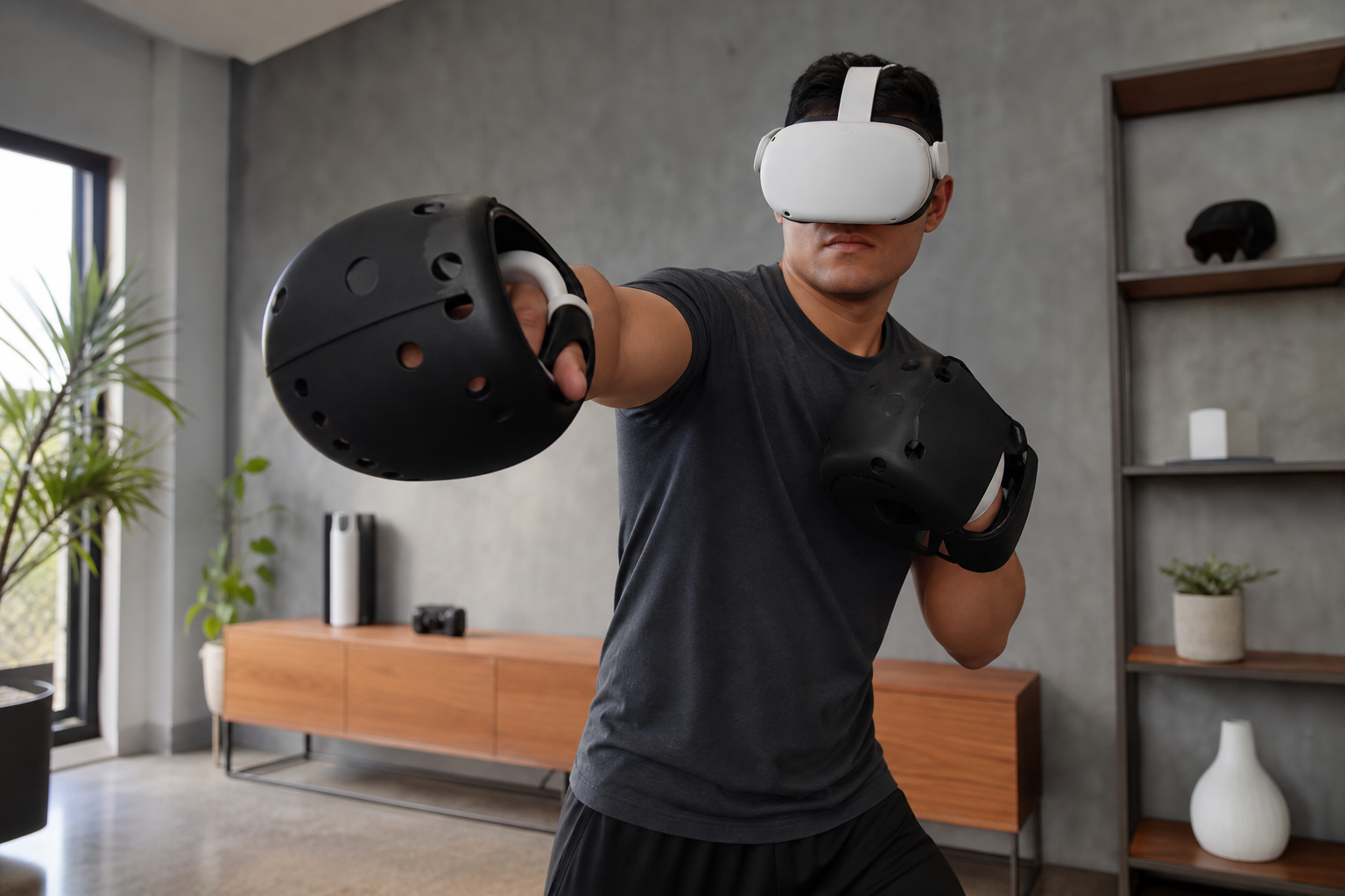 Cleaning supplies next to a pair of VR boxing gloves and a Meta Quest 2 headset.