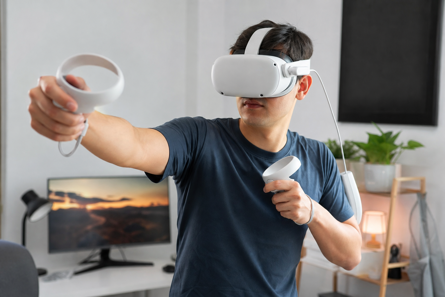 A hand touching the front of a VR headset to check its temperature during use with a battery pack.