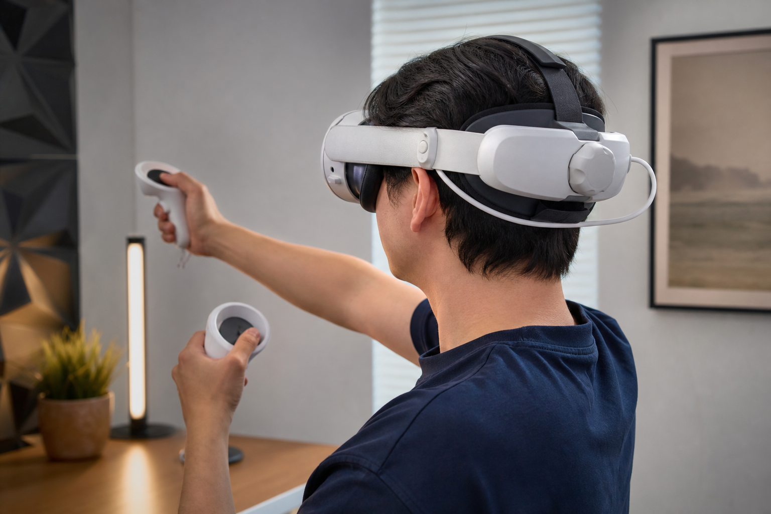 A person adjusting the rear dial and top strap of a VR head strap to improve balance and neck comfort.