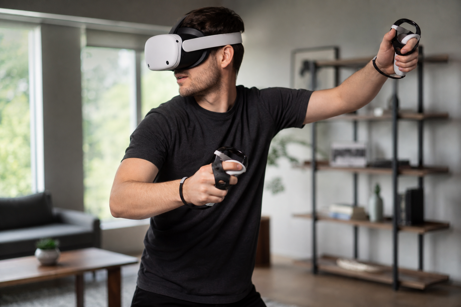 Player wearing the Meta Quest with the silicone head strap during a Beat Saber session.