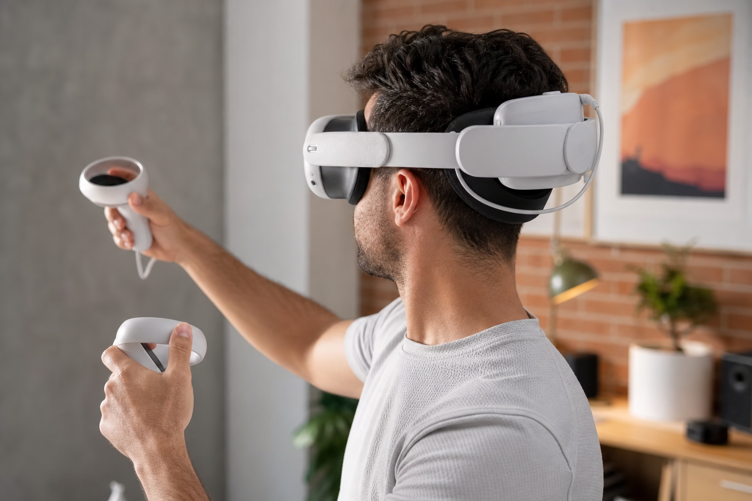 A Meta Quest 3 with a hot-swappable battery pack attached during a sweaty VR session.