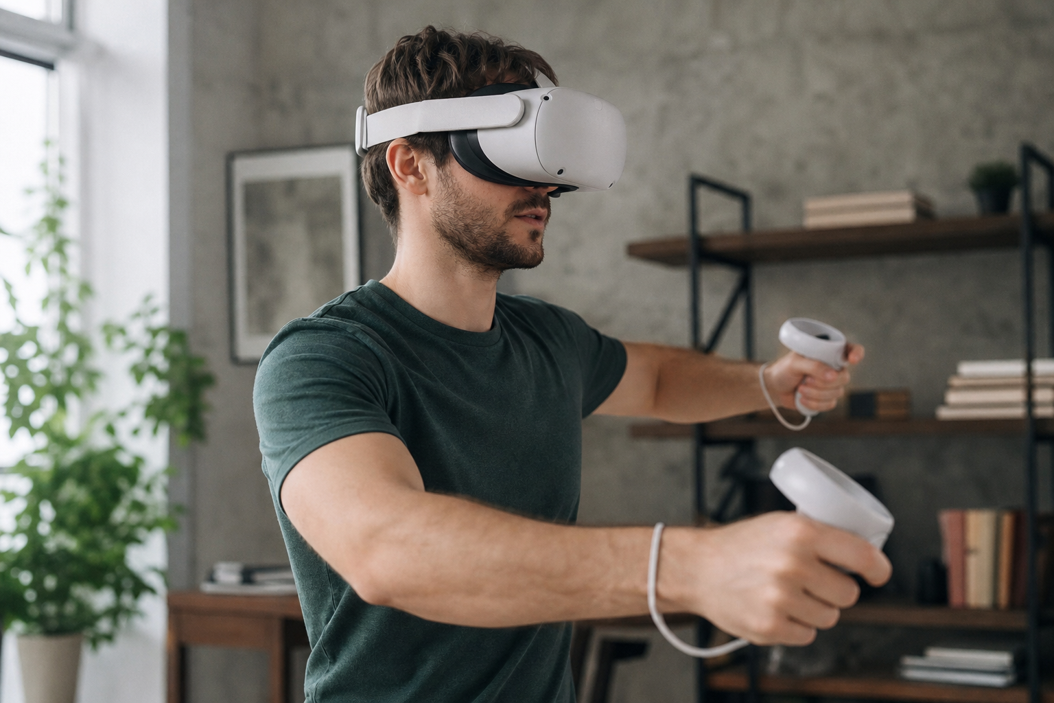 A beginner VR user looking confused at the battery percentage on their Quest 3.