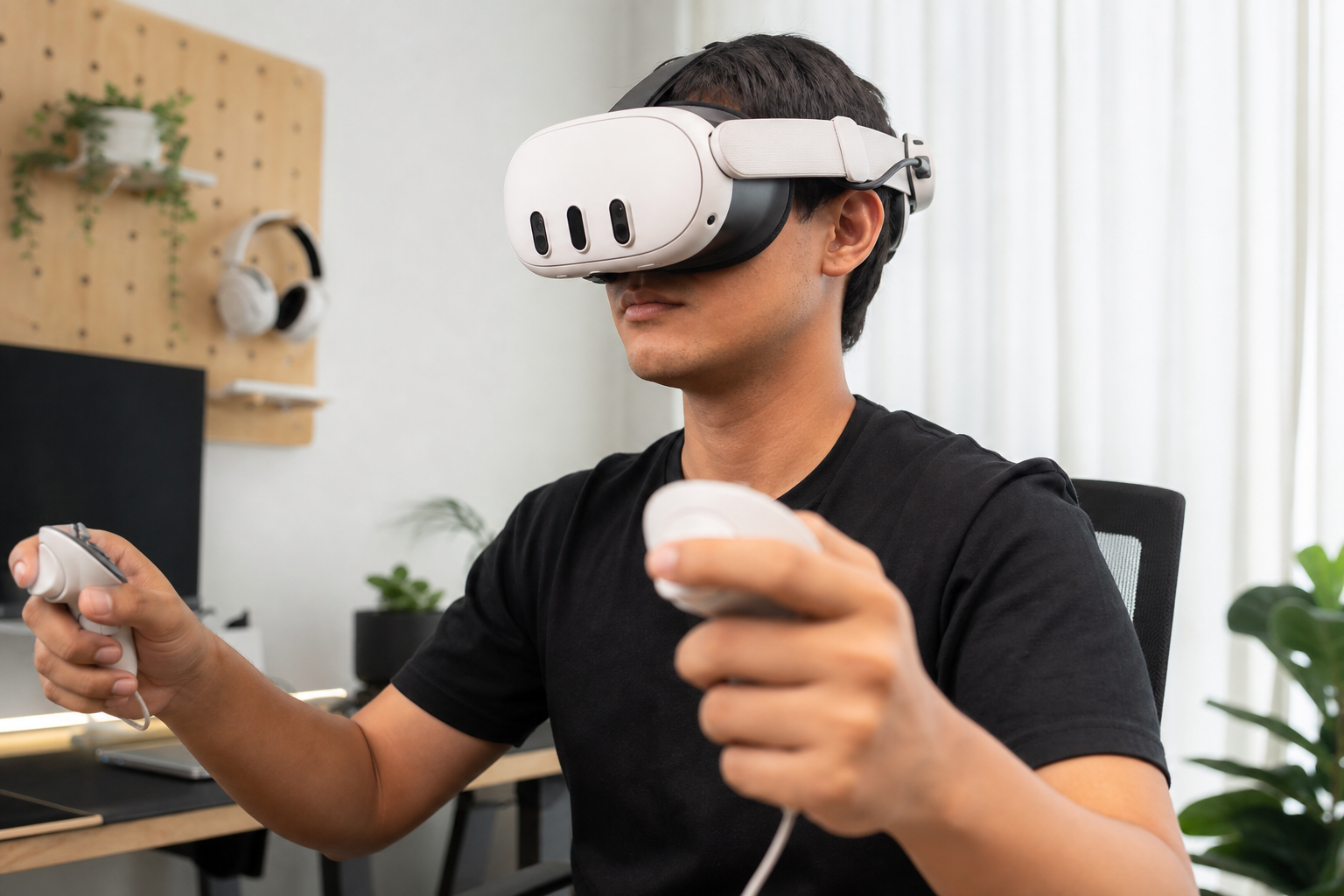 An experienced VR player calmly swapping a battery pack mid-game.