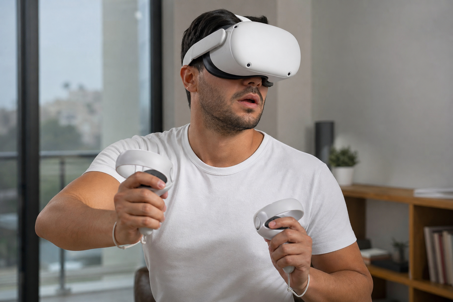 A person deeply immersed in watching a movie on a Quest headset in a dark room
