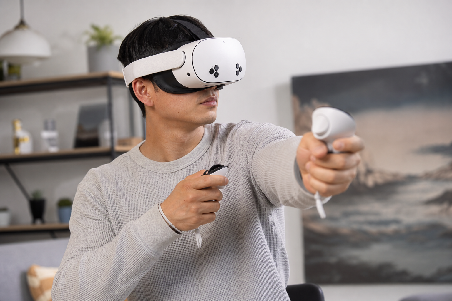 A close-up view of hands quickly connecting a Quest Battery Pack to a controller during a VR session