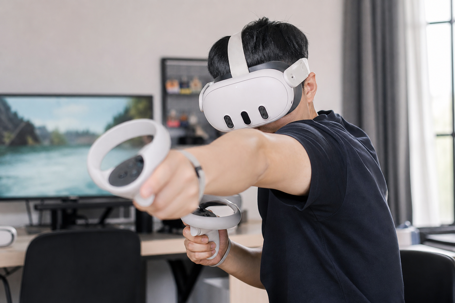 A player in Gorilla Tag using Long Arms to reach a virtual surface